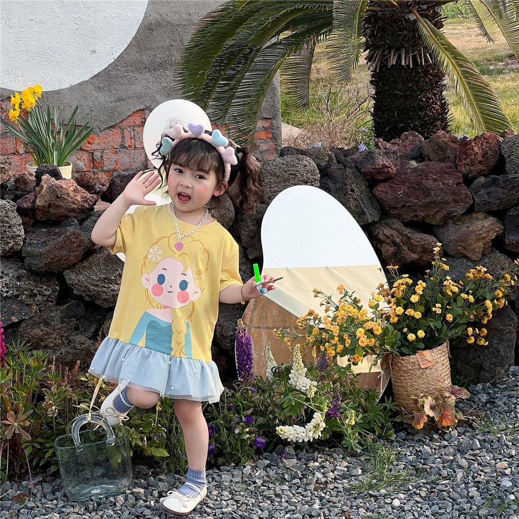 Girls Summer Ruffled Mesh Dress with Cute Cartoon Print Princess