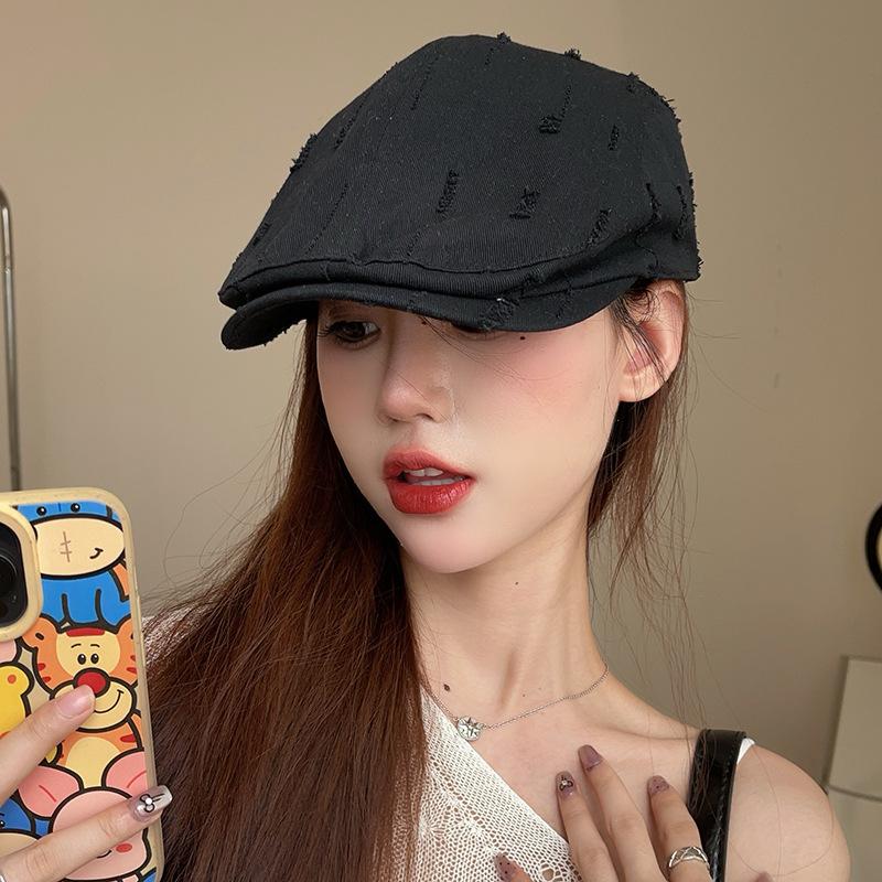 Beret Women Spring Summer Hats For Women Washed Hole Retro Trendy Visor Cap Solid Color New