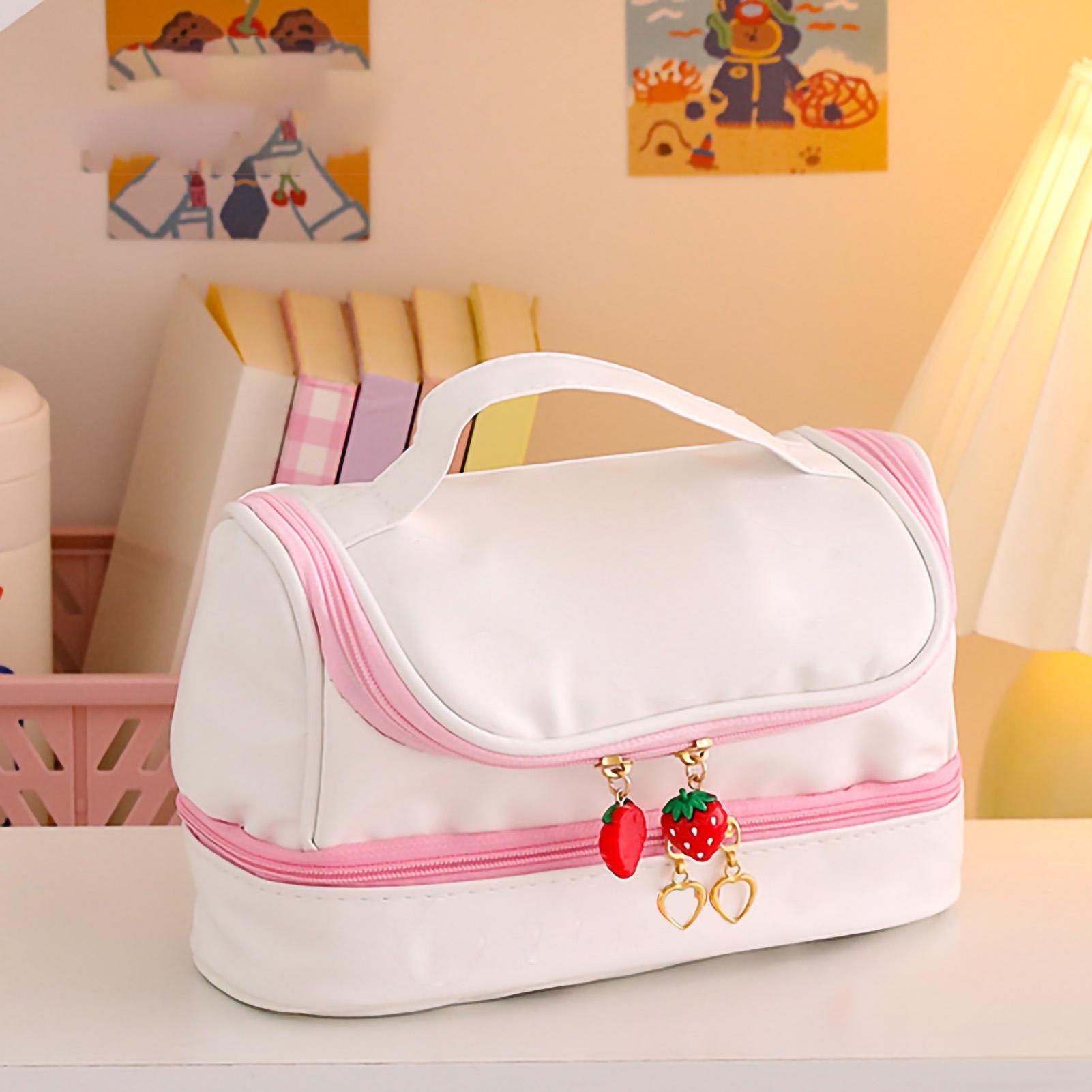 

Pencil Bag Cute Cartoon PU Waterproof 2 Layer Portable Pen Storage Case with Strawberry Shaped Doubl Pink