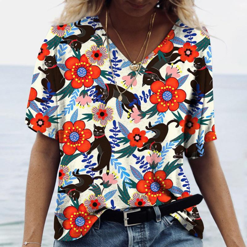 T-shirt d'été à manches courtes et col en V pour femme, imprimé chat 3D, décontracté et tendance