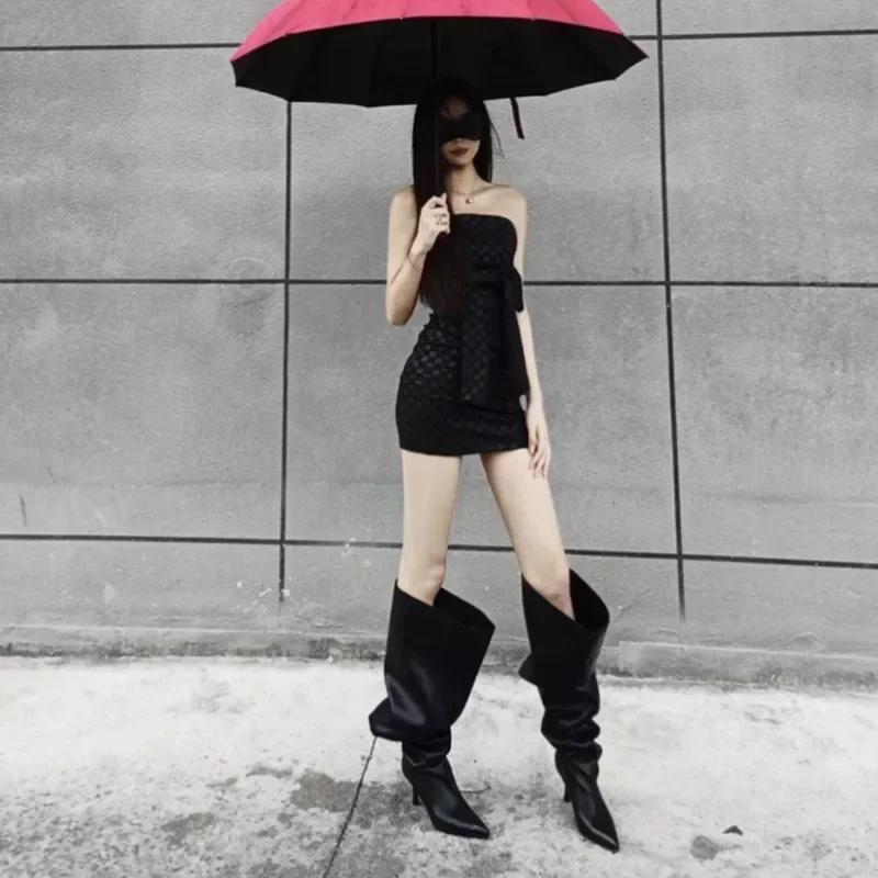 Runway Style Large Sleeve Boots Fashion Pointed Sleeve Boots Pleated Over The Knee Knight Boots for Women Wide Barreled Boots