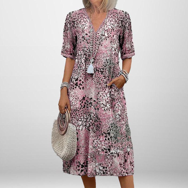 New Summer Women's Clothing Elegant and Fashionable Printed V-neck Short-sleeved Dress