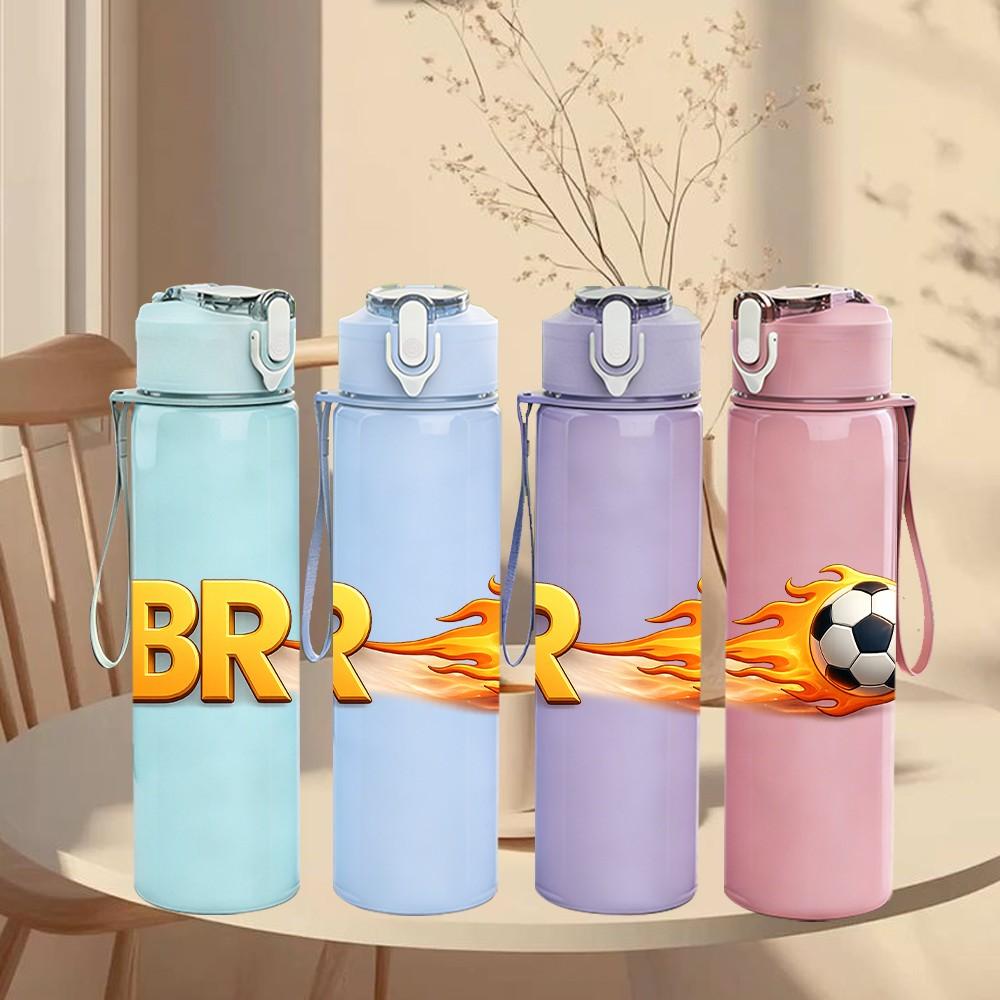 1PC BR Soccer Ball Fire Effect Print 750ml Color Plastic Sports Water Bottle Leakproof Flip Straw Lid Suitable for Sports Office Home Use