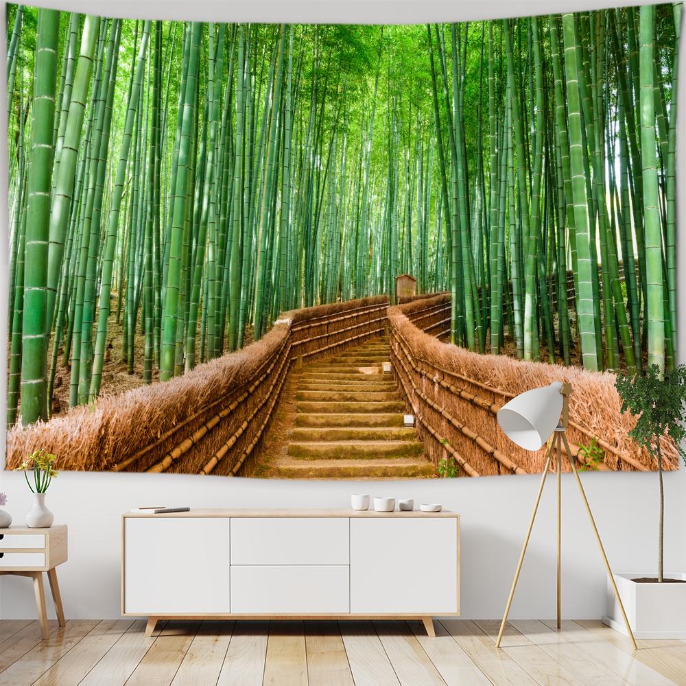 Chinese Zen Garden Green Bamboo Water Lily Print Tapestry Home Living Room Room Wall Decoration Background Cloth Tapestry