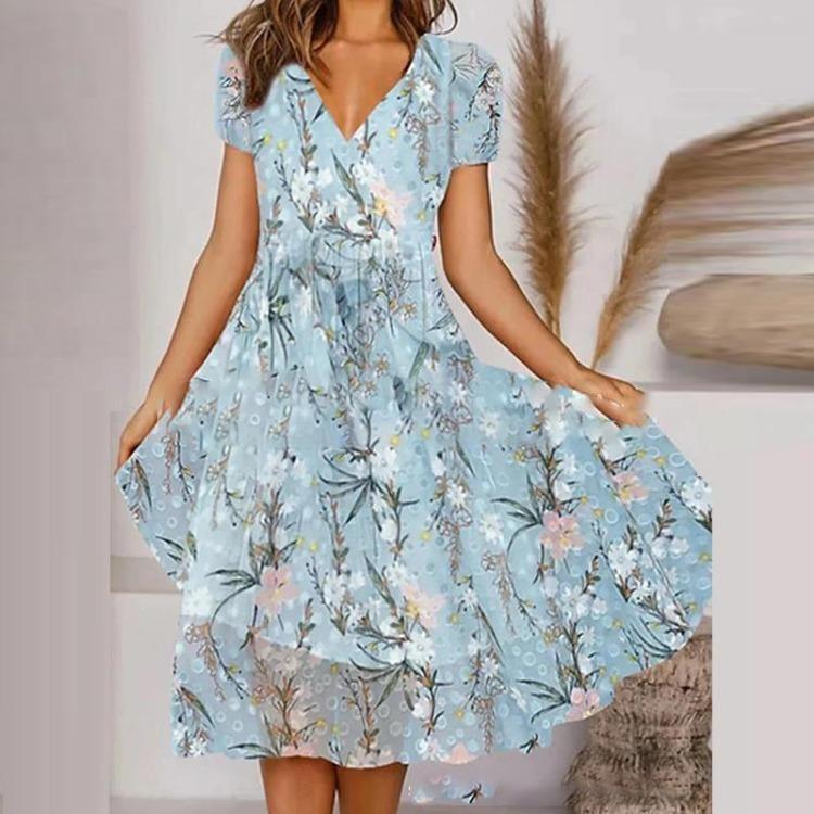 Elegant Women Casual Dress Retro Floral Print Chiffon Long Dress V Neck Short Sleeve Harajuku Party Ladies Fashion Autumn New Style