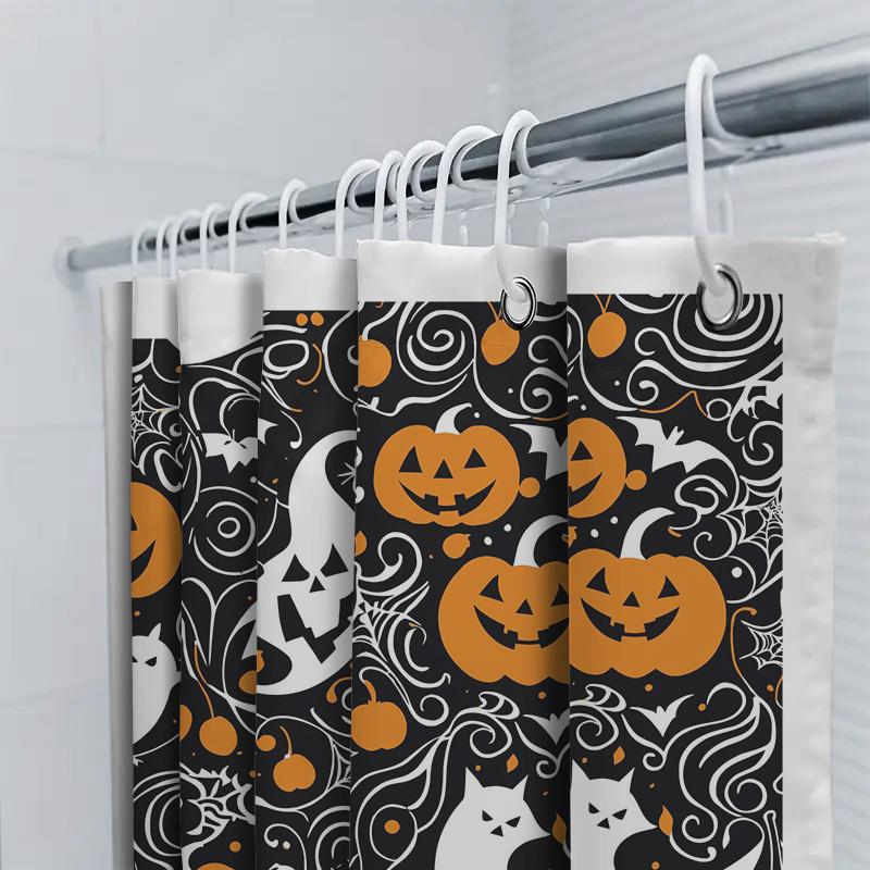 Halloween-Themed Shower Curtain Featuring Pumpkins And Bats Spooky Decor For Your Bathroom! Perfect Gift Idea For A Halloween Pa