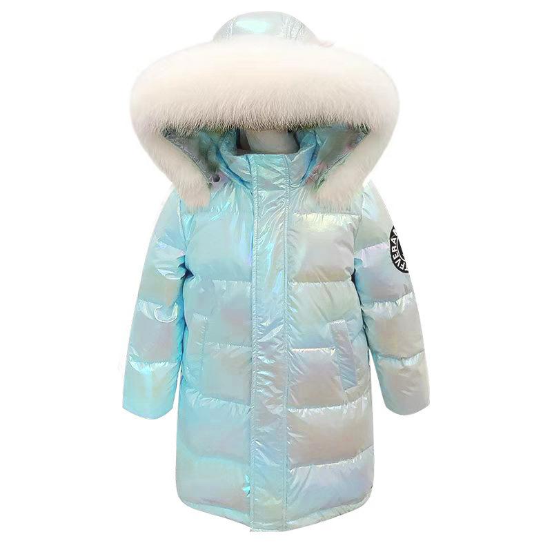 

Children s clothing new children s down jacket girls big fur collar medium and long colorful medium and older children s thickened warm jacket 170cm синій