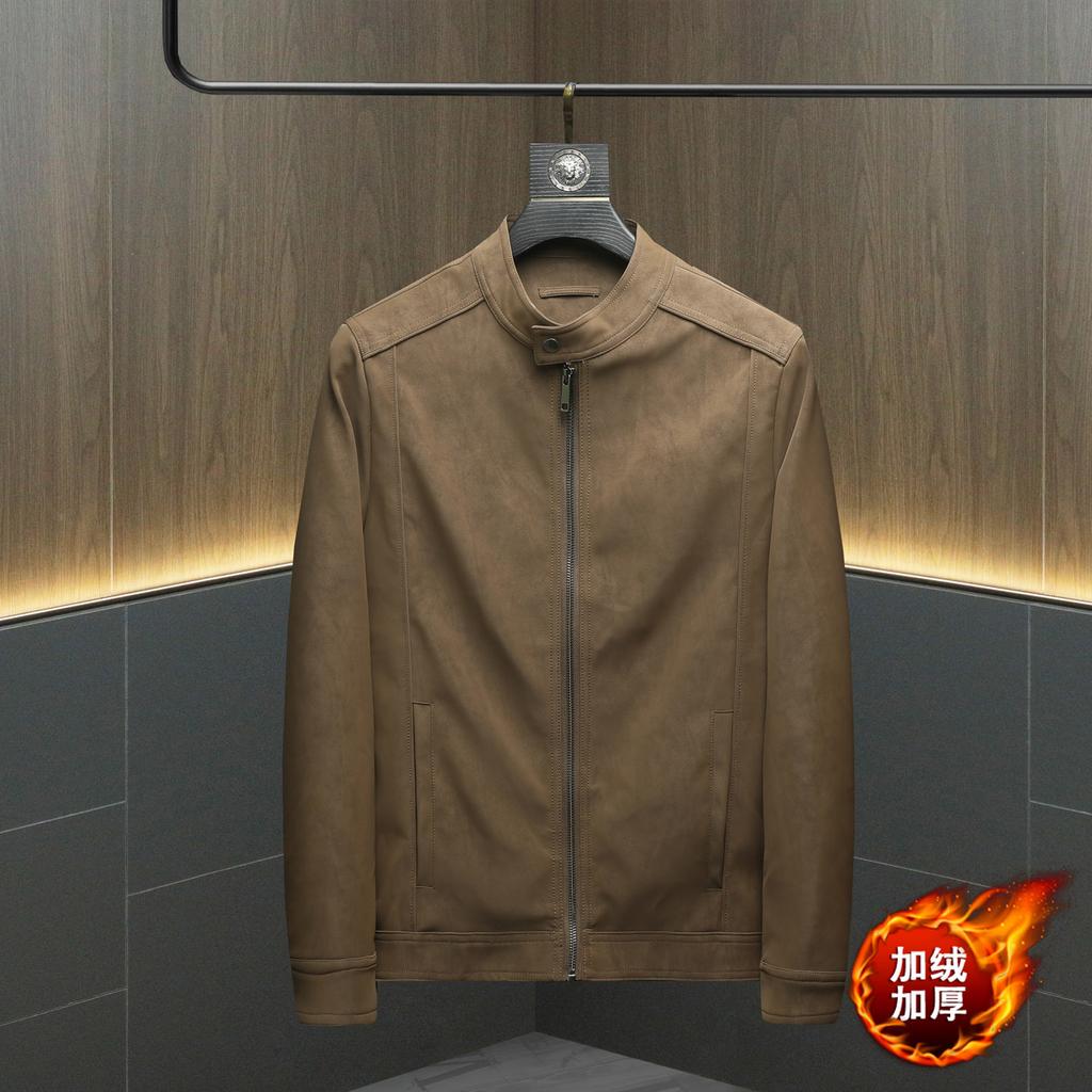 Autumn and winter new trend velvet PU leather jacket men's fashion stand-up collar locomotive leather jacket slim trendy men