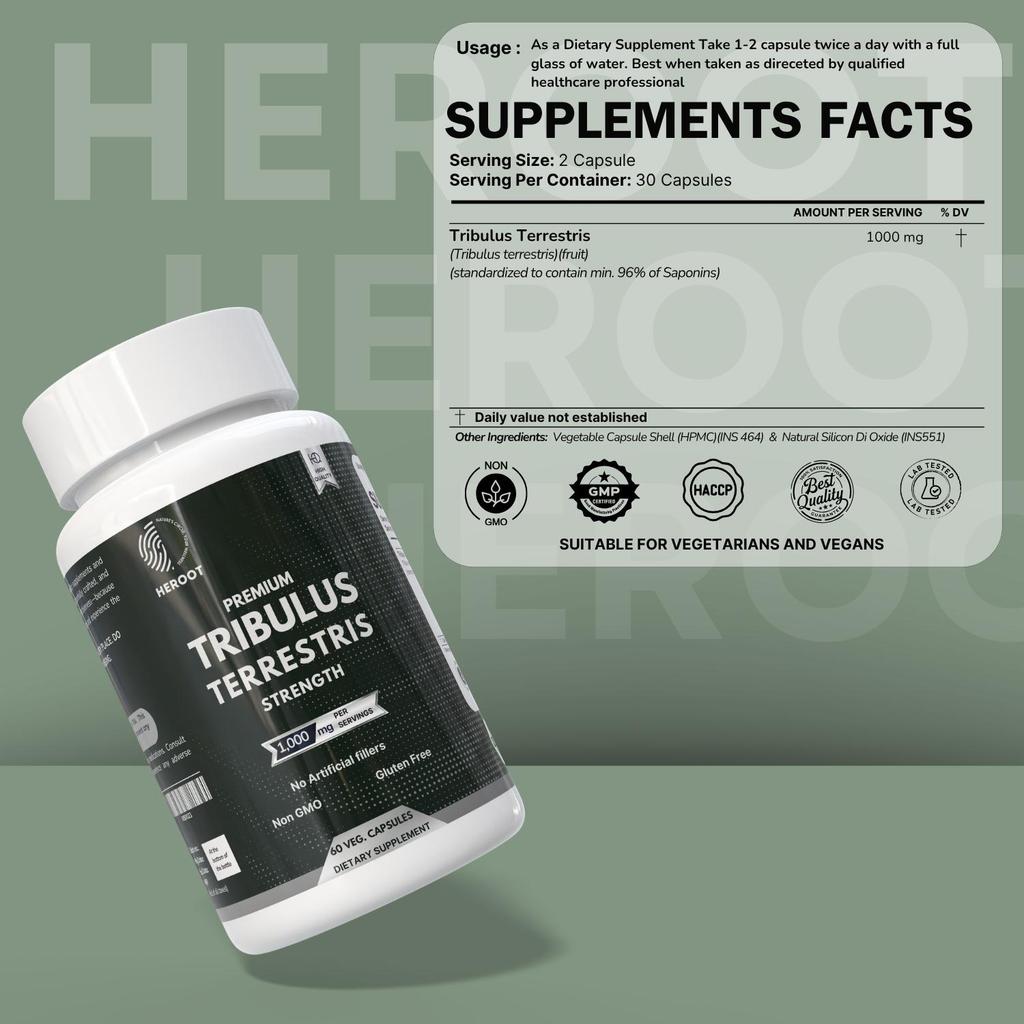 Heroot Tribulus Terrestris 1000 mg 60 Capsule | Supliment Herbal Tribulus | Capsule Vegetariene