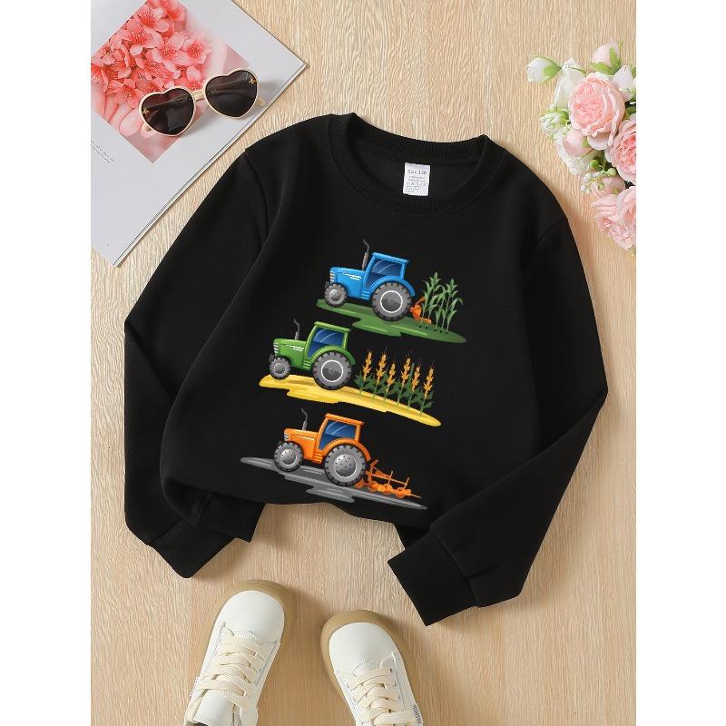 Felpa alla moda girocollo per bambini, Stampa con scena di trattore agricolo, Abbigliamento sportivo casual per primavera e autunno