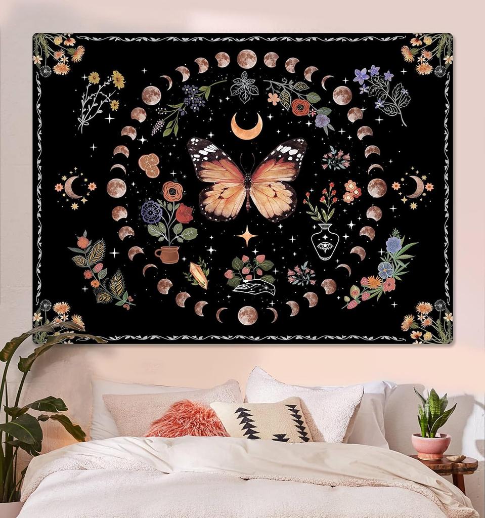 Orange Butterfly Moon Flower Tapestry Boho Floral Plant Tapestries For Bedroom Aesthetic Tapastry'S Wall Hanging Mandala