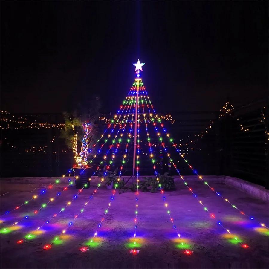 9X3M Outdoor Christmas Star String Light 288LED Lighted Waterfall Tree Hanging Garland Light with Topper Star Fairy Light