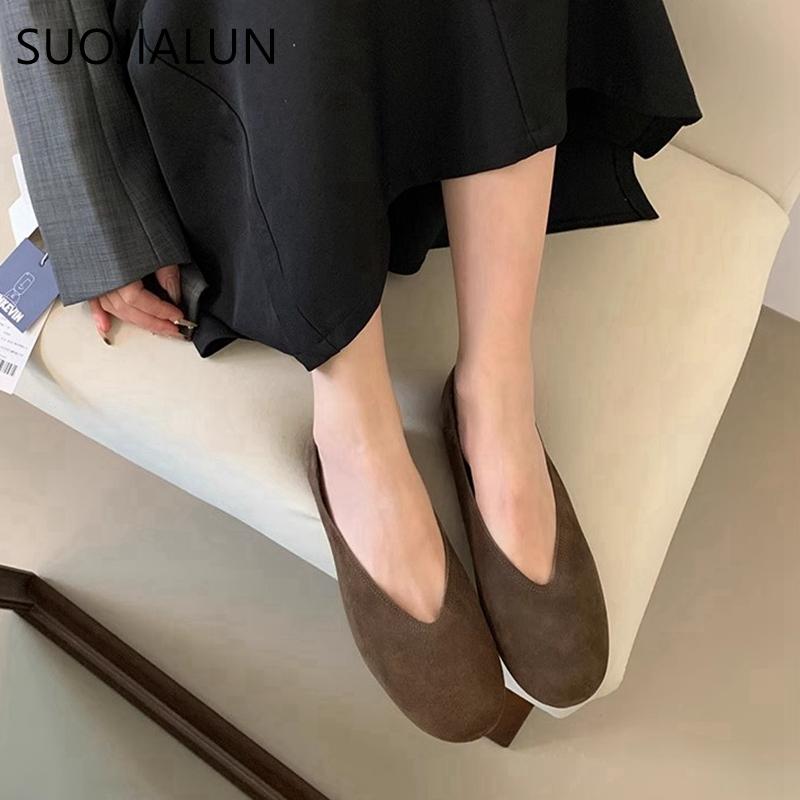 Fashion SUOJIALUN 2025 Women Genuine Leather Women Flat Shoes Fashion Round Toe Shallow Slip On Boat Shoes Soft Flat Heel Single Shoes