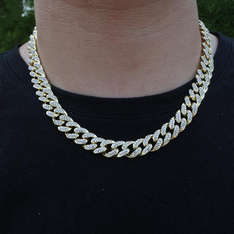 Iced Out Zircon Crystal Hip Hop 14K Gold 13MM Cuban Link Chain Necklace Zinc Alloy Rhodium Plated Unisex