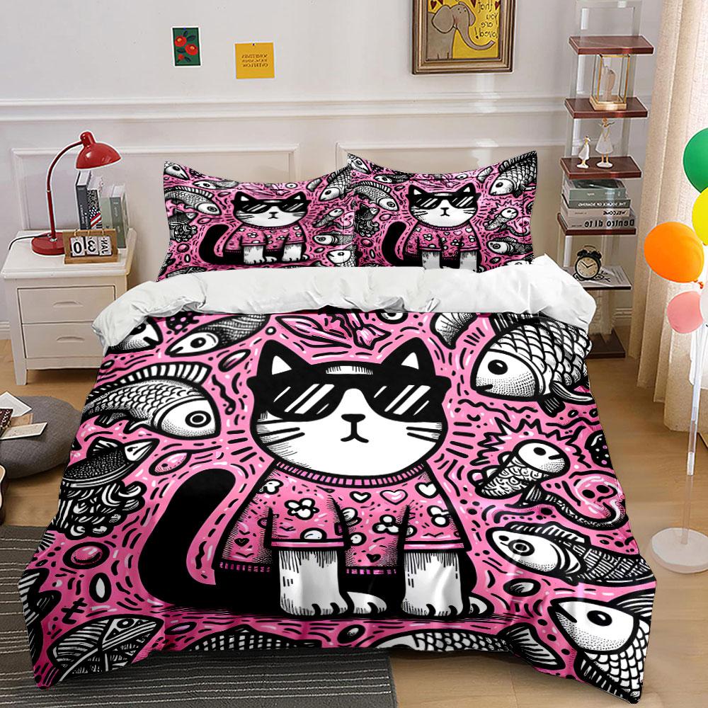 Cool Cat Outfit for Summer Vibes Exquisite Three-piece Bedding Set Gift for Kids and Adults