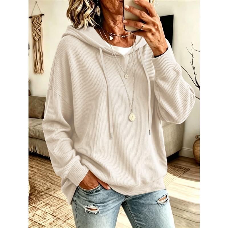Women S Solid Drawstring Hooded Knit Loose Fit Casual Sweatshirt With Pockets