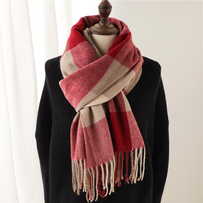 Unisex Korean Plaid Thick Winter Scarf with Tassels - Imitation Cashmere Shawl