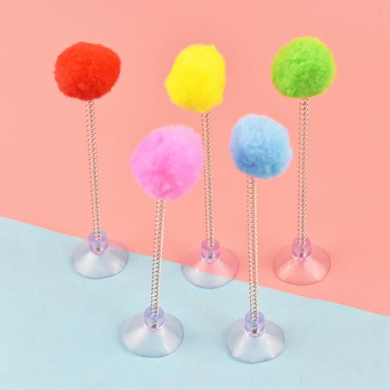 2Pcs Cat Spring Toy with Suction Cup Spring Plush Ball Cat Teaser Interactive Fluffy Pompom Cat Toy for Indoor Kitten Jumping Exercise