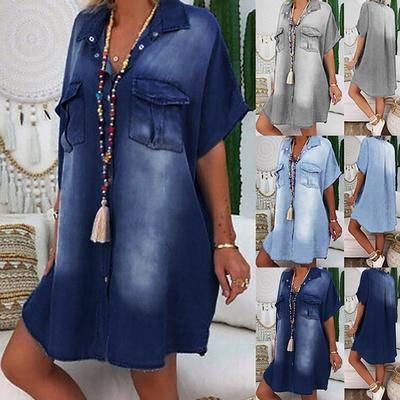 Women's Plus Size Asymetric Denim Dresses Short Sleeve Knee Length Dress