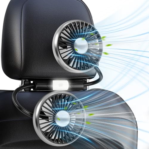Dealswin Car Fan, Double-Headed Car Fan, Low Noise, for Back Seats, with Light, 3 Airflow Settings, Low Noise, 360° Adjustable Angle, Perfect for Car