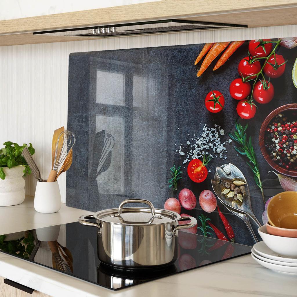 Decorative Glass Kitchen Cutting Board With Graphics Ingredients 80X52 Cm