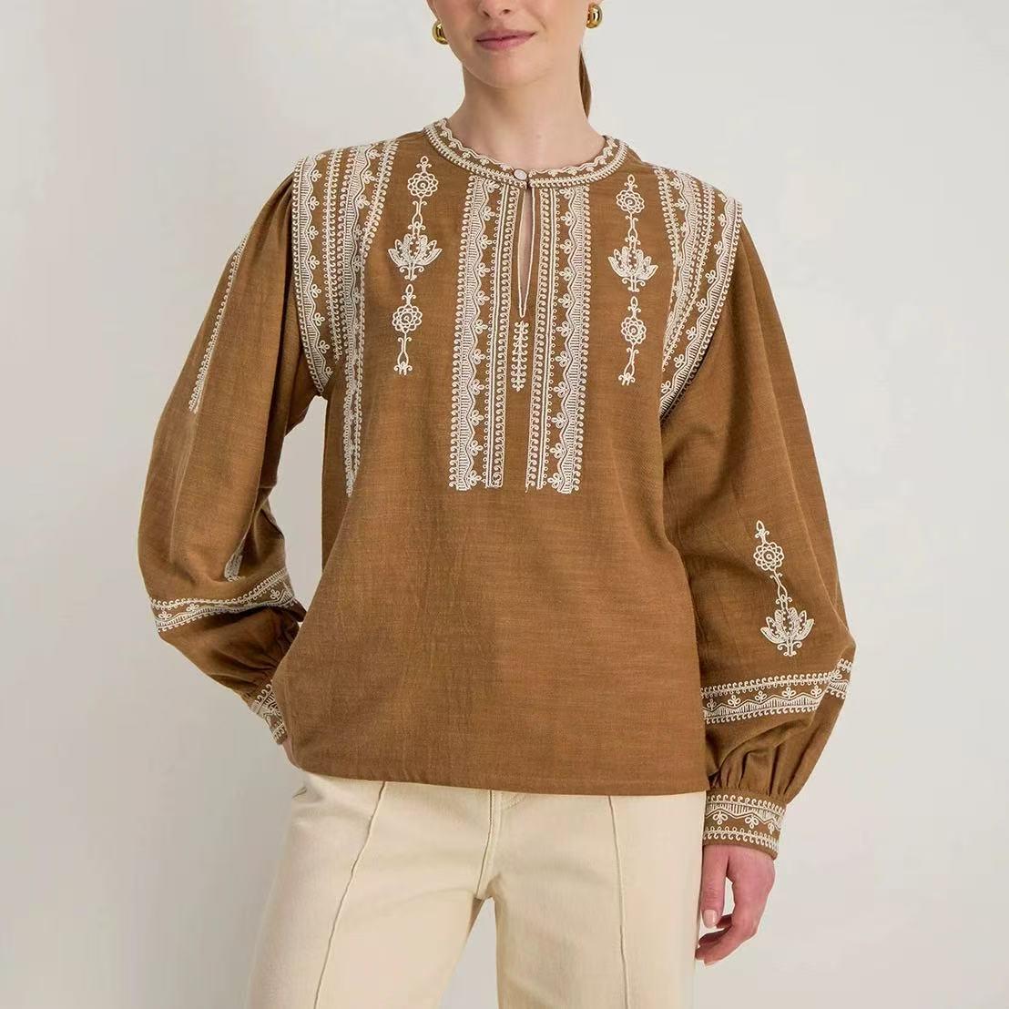 2026 Spring/Summer Retro Ethnic Embroidered Round Neck Shirt M кофейный