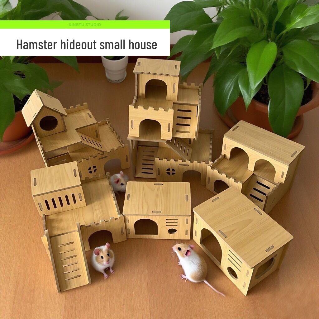 Golden Silk Hamster Villa: Interactive Wooden House with Platform, Climbing Ladder, and Hiding Spots - Complete Set for Landscaping.