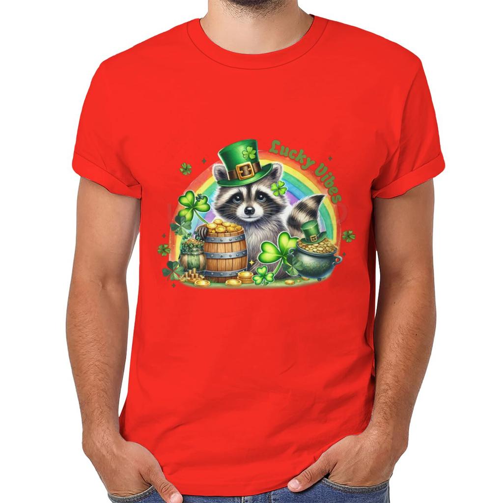 St Patricks Day Raccoon Shirt Lucky Vibes Short Sleeve Round Neck Tee Cartoon Lucky Raccoon St Patricks Day Unisex TShirt