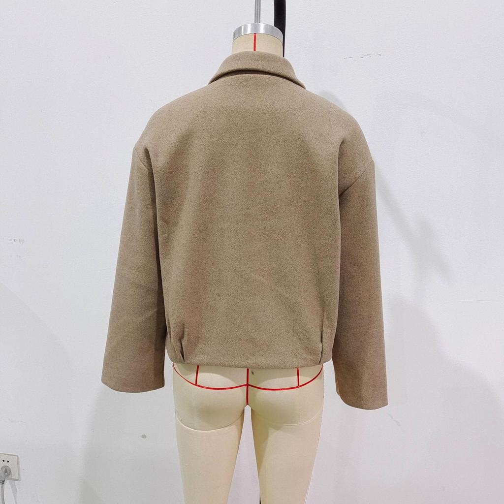 European & American Women's Fashion Casual Pleated Zipper Wool Jacket