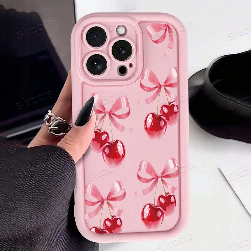 Simple Pink Cherry Bow Pattern Phone Case For iPhone 17 16 15 14 13 12 11 Pro Max 17 Air 16E X XR XS 7 8 Plus Shockproof Cover