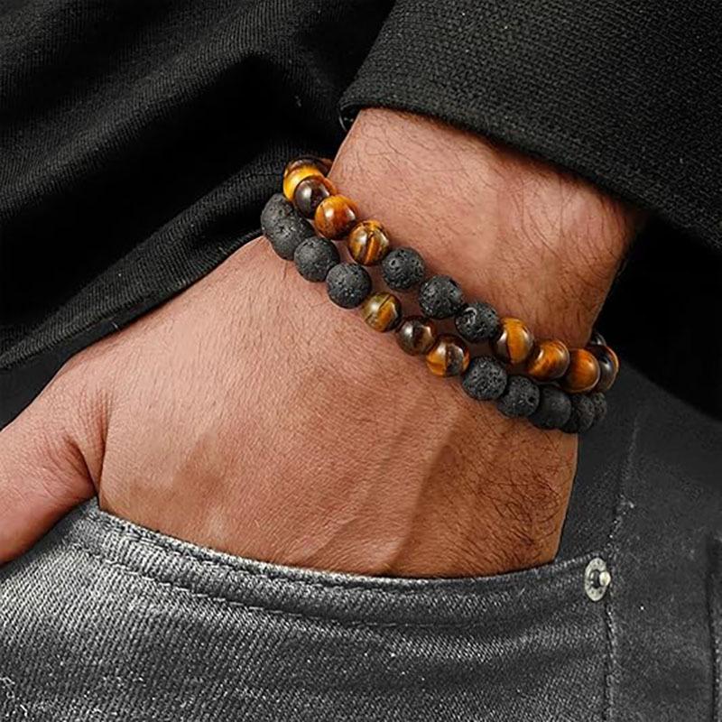 Pulseira Tecida Masculina Olho de Tigre e Pedra Vulcânica - Presente de Joia Feito à Mão, Contas de Ágata Negra de 8mm