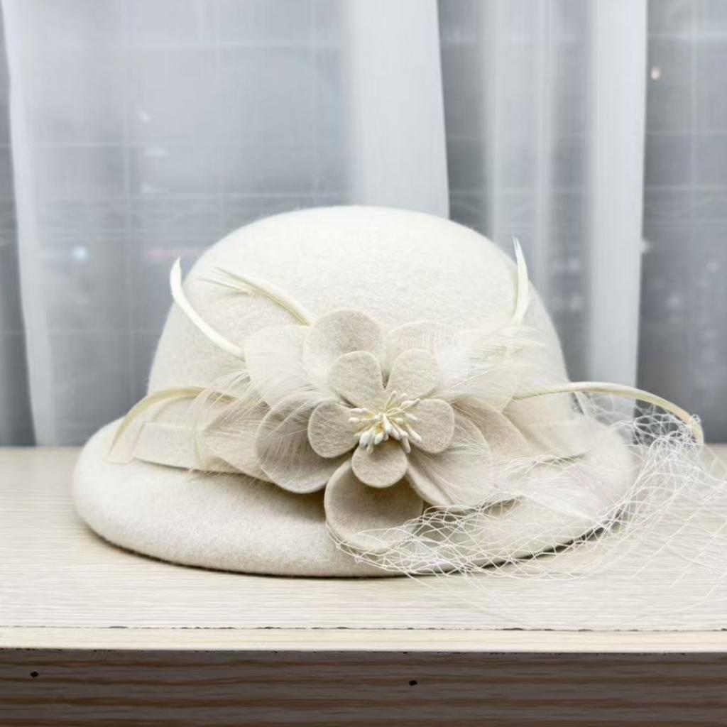 Internet celebrity sweet mesh camellia flower bucket hat female Hepburn style elegant top hat wool basin hat temperament shows small face