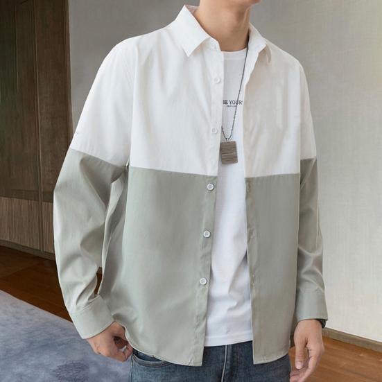 Spring Fall Men Shirt Turn-down Collar Printed Colorblock Button-down Cardigan Loose Streetwear Young Cargo Style Shirt Coat