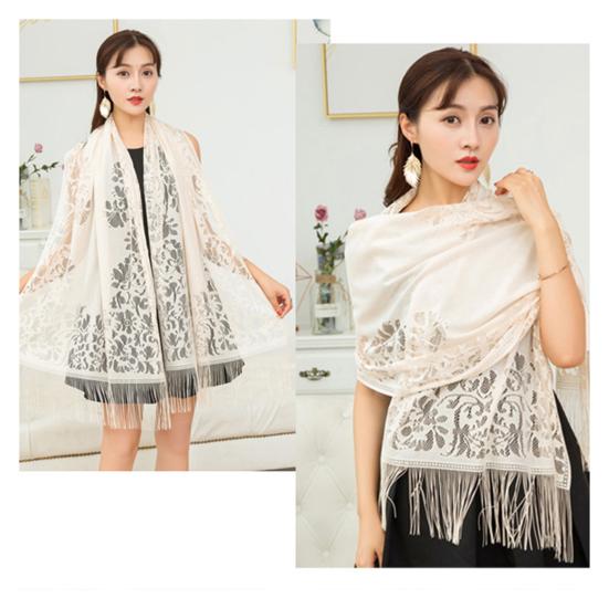 Ethnic Style Tassel Extra Long Jacquard Women Scarf Hollow Lace Cheongsam Shawl Female Accessories