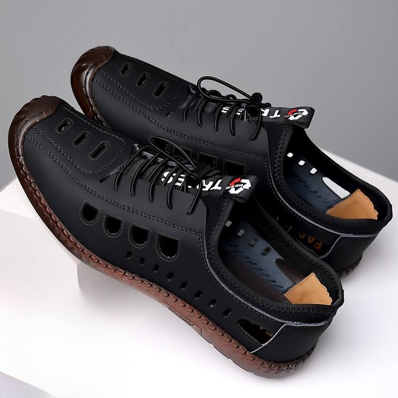 Fashion 2025 Summer Mens Handstitched Soft Leather Hollow-Out Sandals Breathable Casual Shoes Lightweight Soft Sole Comfortable Footwear