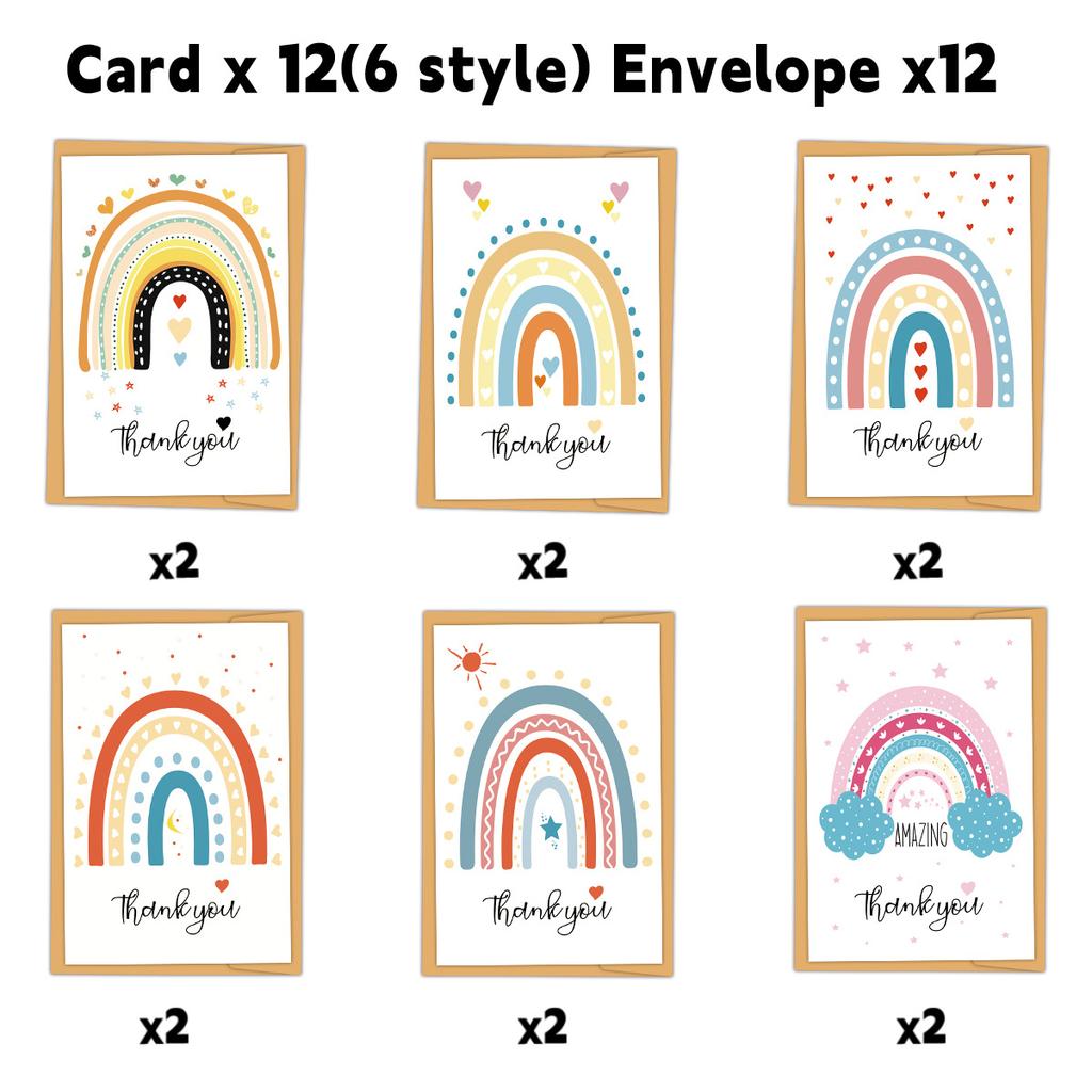 12pcs Cute Rainbow Heart Thank You Cards Set with Envelopes, Birthday Greeting Cards with Messages for Invitations & Gifts
