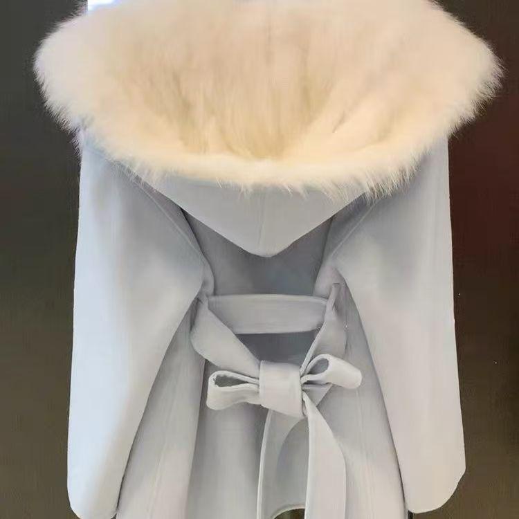 Rosa Kapuzenmantel Damen Herbst Winter Wollmantel Pelzmantel Duftender Wind Hochwertig Leicht Kurz Kragen