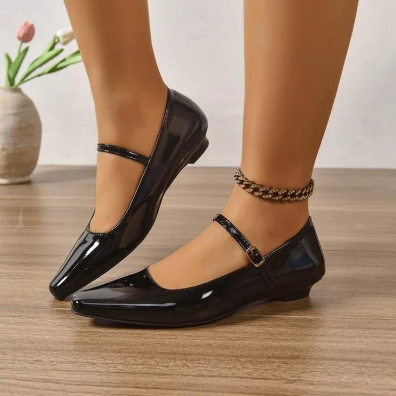 

Fashion 2025 Spring New Pointed Toe One-word Buckle Strap Heightens Temperament Mary Jane Women s Shoes All-match Silver Shoes 41 чёрный