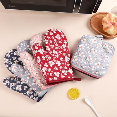 2pcs Microwave Oven Long Cotton Glove Ironing Mat Set Romantic Cherry Blossom Oven Insulation Heat Resistant Kitchen Baking Tool
