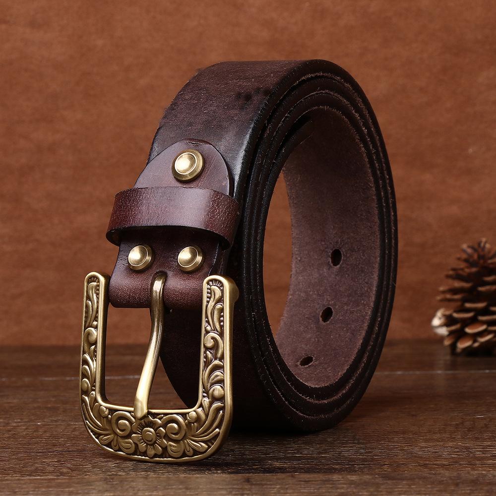 

Утолщенный мужской ремень из коровьей кожи первого слоя в стиле ретро с медной пряжкой, модный повседневный ремень 125cm темно-коричневого