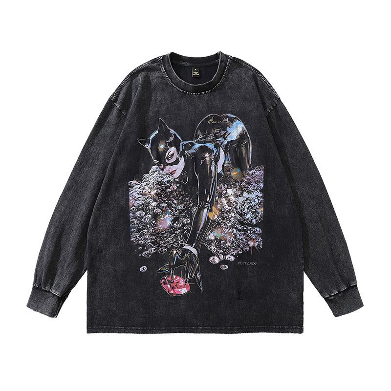 American Street Retro West Coast Hiphop Print Old Long-Sleeved T-Shirt Men'S And Women'S Washed Bottoming Tee Shirt