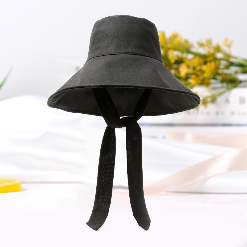 Large Wide Brim French Style Strappy Bucket Hats For Women Cotton Outdoor Beach Sun Hat Foldable Portable Elegant Ribbon Panama