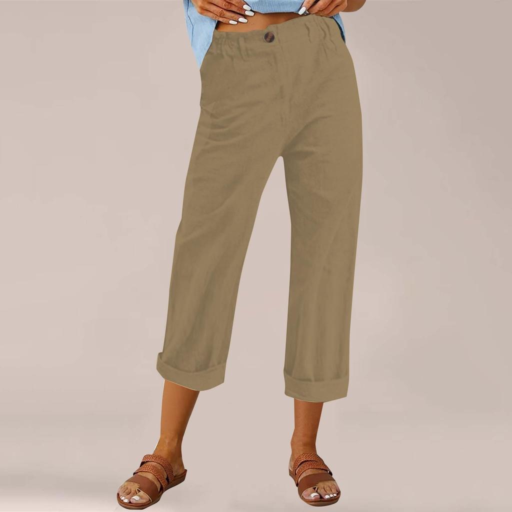 Women's Fashion Cotton-Linen Blend Loose-Fit High-Waisted Casual -Color Straight-Leg Pants