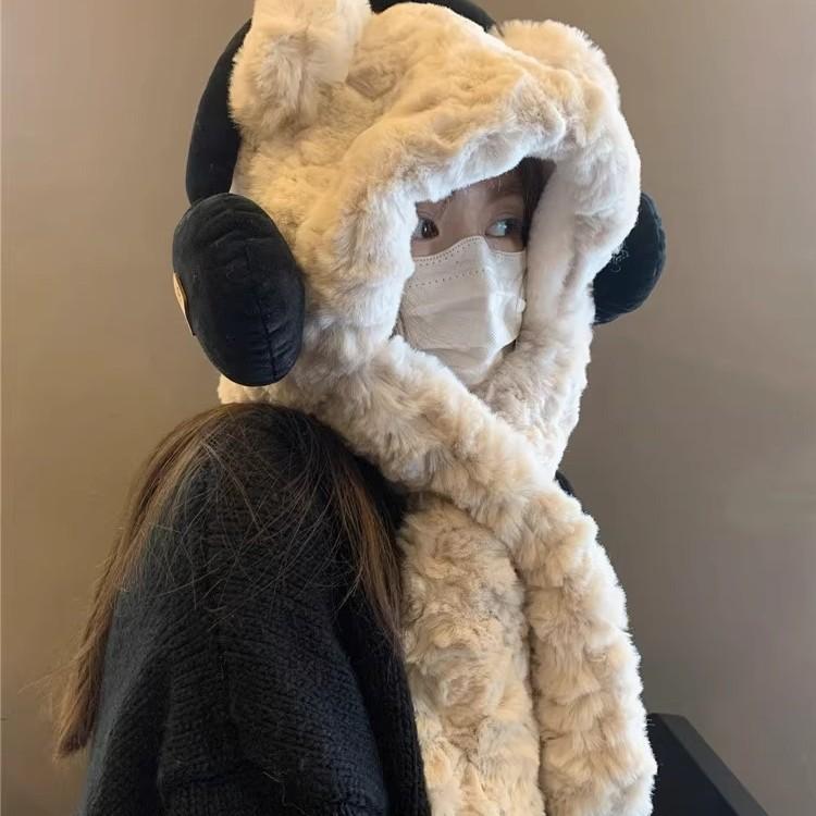 Cute Headphones Bear Hat for Women In Autumn and Winter Thickened Cold and Warm Plush Face Protecting Hat and Scarf