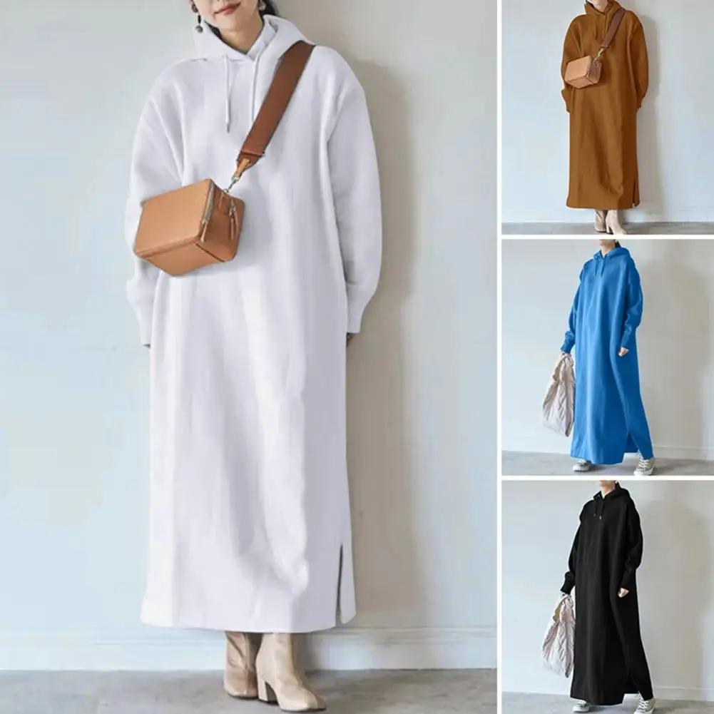 Vestito Felpa da Donna Coulisse Manica Lunga Spacco Laterale Orlo Vestito Felpa con Cappuccio Foderato in Pile Ispessito Maxi Vestito con Cappuccio