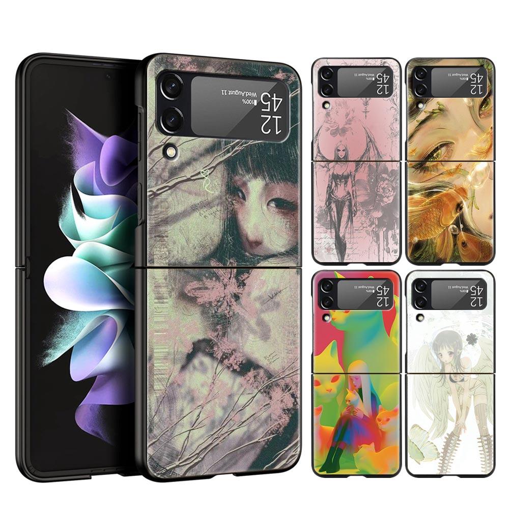Hard PC Phone Case For Samsung Galaxy Z Flip 7 6 5 4 Black Cover For Galaxy Z Flip 3 Foldable Shockproof Cartoon Girl Fundas Bag