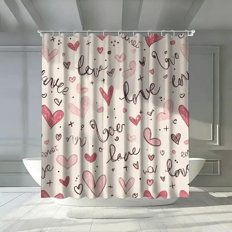 Love Heart Shower Curtain 1Pc – Hand-Drawn Words & Pink Hearts, Romantic Script Art For Valentine’S Day Or Bedroom Decor