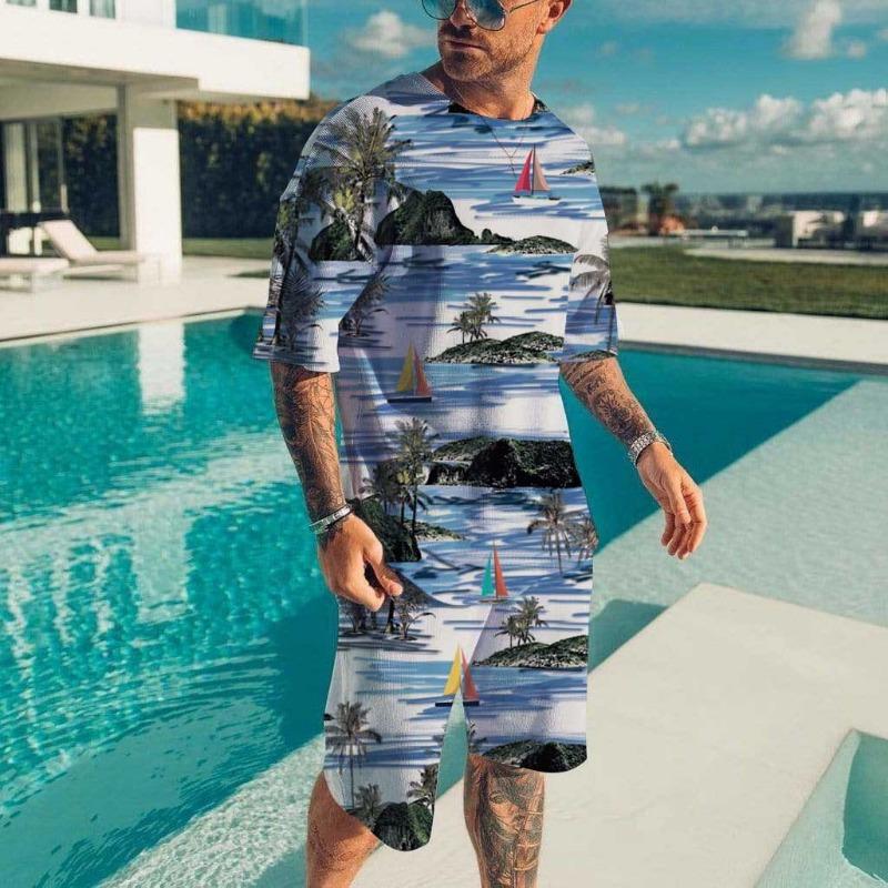 Men's Beach Set Hawaiian T-shirt Vacation Casual Beach Pants Suit Fashion Full Print Tshirt Set Top New Mens Tees Short Two Set