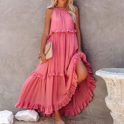 Sukienka maxi Plisowany, warstwowy brzeg Kieszenie Bez rękawów Jednokolorowe Boho Damskie Puste Wiązanie Elegancka sukienka Odzież imprezowa