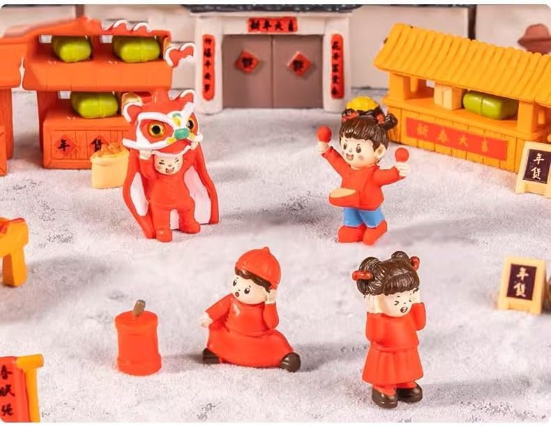 Pinenjoy Chinese New Year Figurine Miniature New Year Auspicious Resin Miniature Set Featuring Dancing and Red Traditional Lucky Gifts for Chinese New